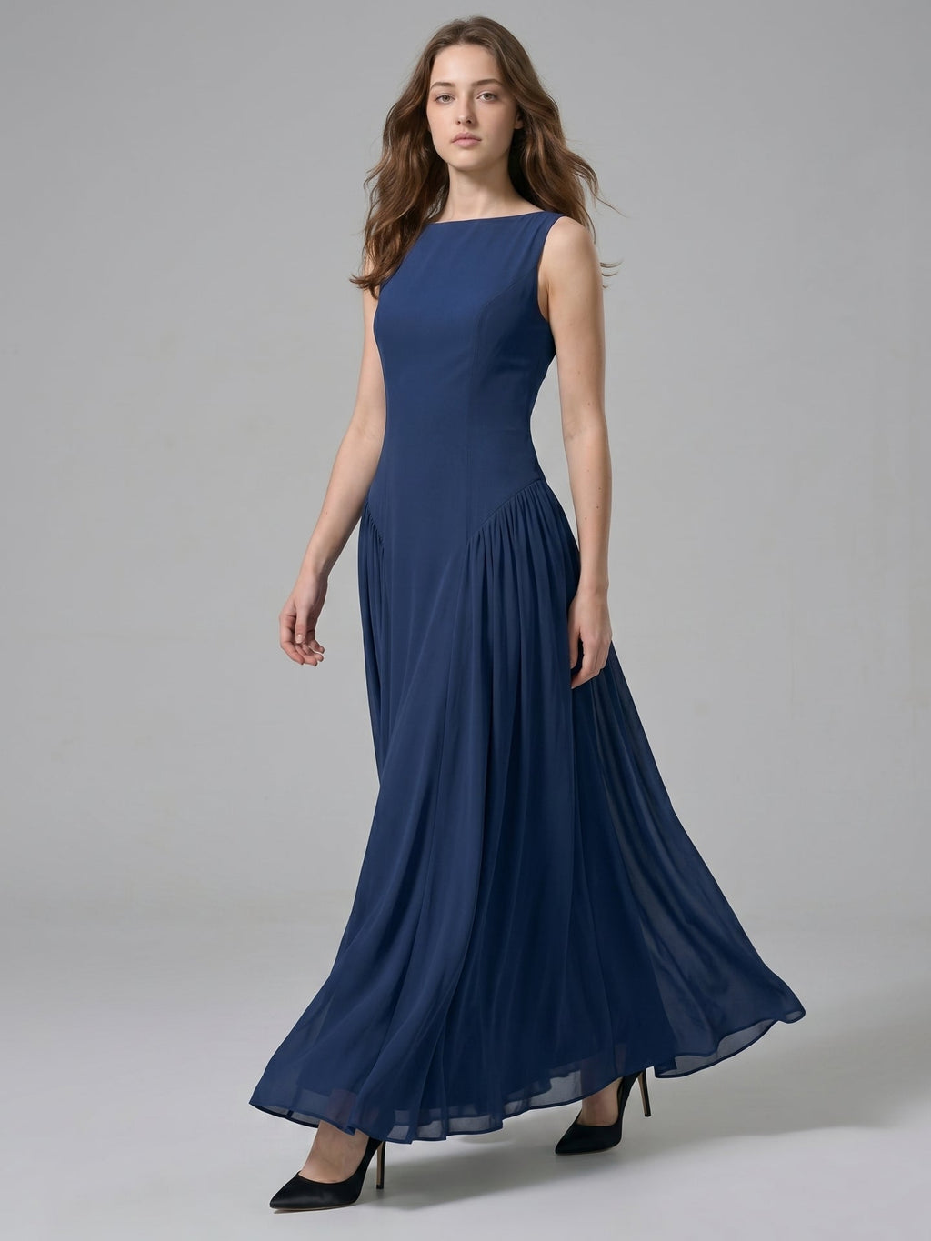 Navy Blue Chiffon A-Line Scoop Neck Floor-Length Bridesmaid Dress with Pleated Elements - Curvevia