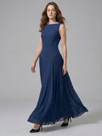 Navy Blue Chiffon A-Line Scoop Neck Floor-Length Bridesmaid Dress with Pleated Elements - Curvevia