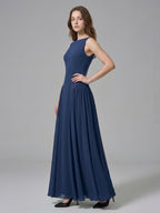 Navy Blue Chiffon A-Line Scoop Neck Floor-Length Bridesmaid Dress with Pleated Elements - Curvevia