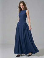 Navy Blue Chiffon A-Line Scoop Neck Floor-Length Bridesmaid Dress with Pleated Elements - Curvevia