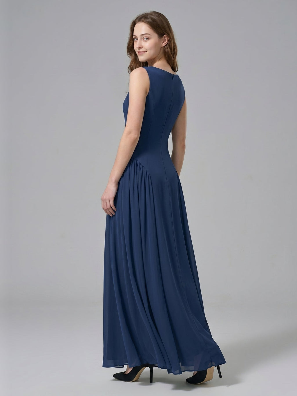 Navy Blue Chiffon A-Line Scoop Neck Floor-Length Bridesmaid Dress with Pleated Elements - Curvevia