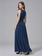 Navy Blue Chiffon A-Line Scoop Neck Floor-Length Bridesmaid Dress with Pleated Elements - Curvevia