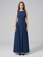 Navy Blue Chiffon A-Line Scoop Neck Floor-Length Bridesmaid Dress with Pleated Elements - Curvevia