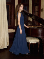 Navy Blue Chiffon A-Line Scoop Neck Floor-Length Bridesmaid Dress with Pleated Elements - Curvevia