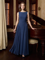 Navy Blue Chiffon A-Line Scoop Neck Floor-Length Bridesmaid Dress with Pleated Elements - Curvevia