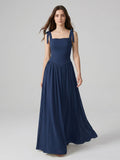 Navy Blue Chiffon A-Line Square Neck Back Zip Floor-Length Bridesmaid Dress with Pleated Accents - Curvevia