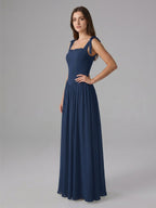 Navy Blue Chiffon A-Line Square Neck Back Zip Floor-Length Bridesmaid Dress with Pleated Accents - Curvevia