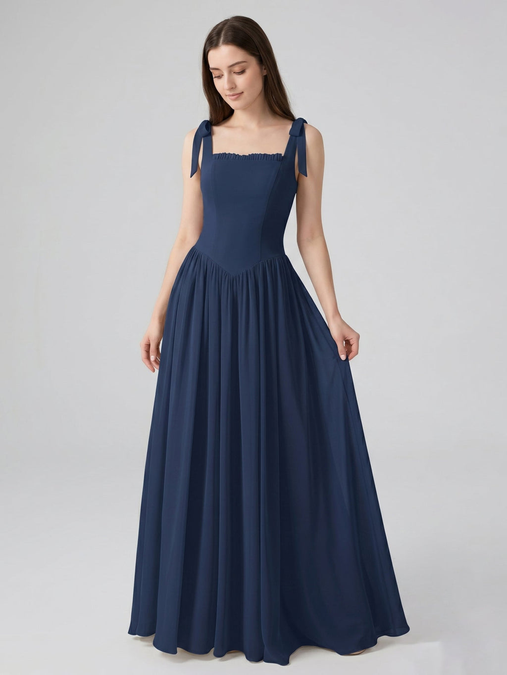 Navy Blue Chiffon A-Line Square Neck Back Zip Floor-Length Bridesmaid Dress with Pleated Accents - Curvevia