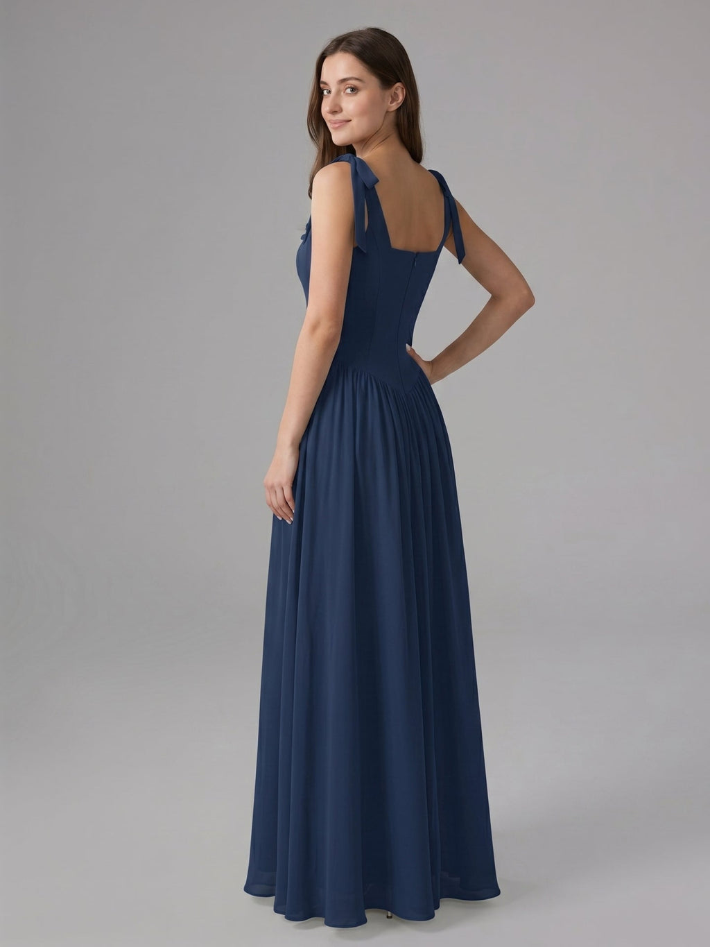 Navy Blue Chiffon A-Line Square Neck Back Zip Floor-Length Bridesmaid Dress with Pleated Accents - Curvevia