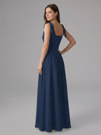 Navy Blue Chiffon A-Line Square Neck Back Zip Floor-Length Bridesmaid Dress with Pleated Accents - Curvevia