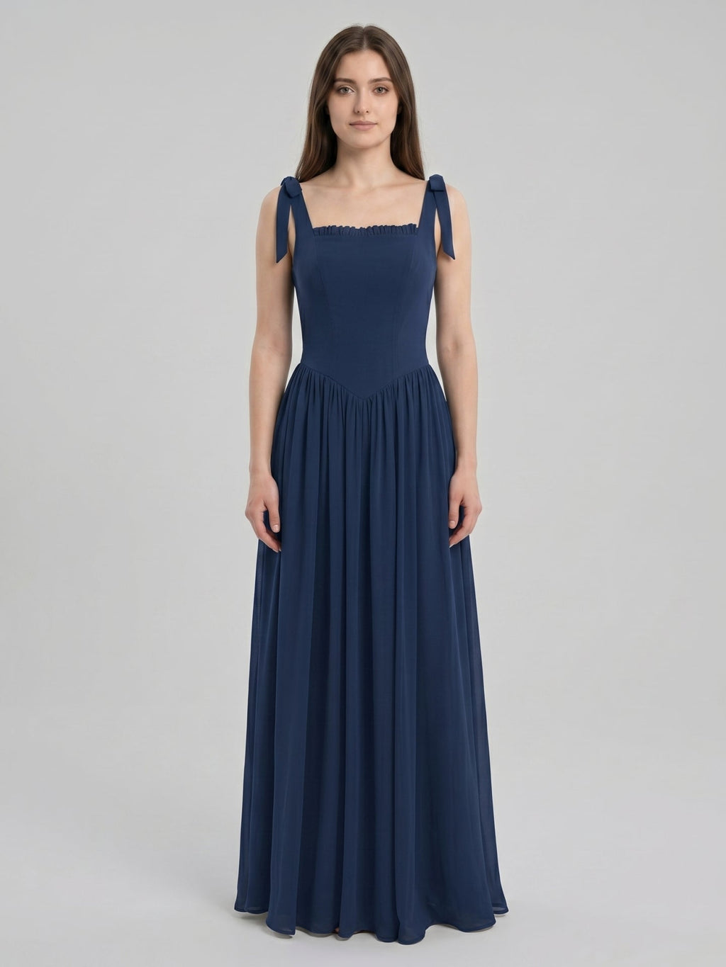 Navy Blue Chiffon A-Line Square Neck Back Zip Floor-Length Bridesmaid Dress with Pleated Accents - Curvevia