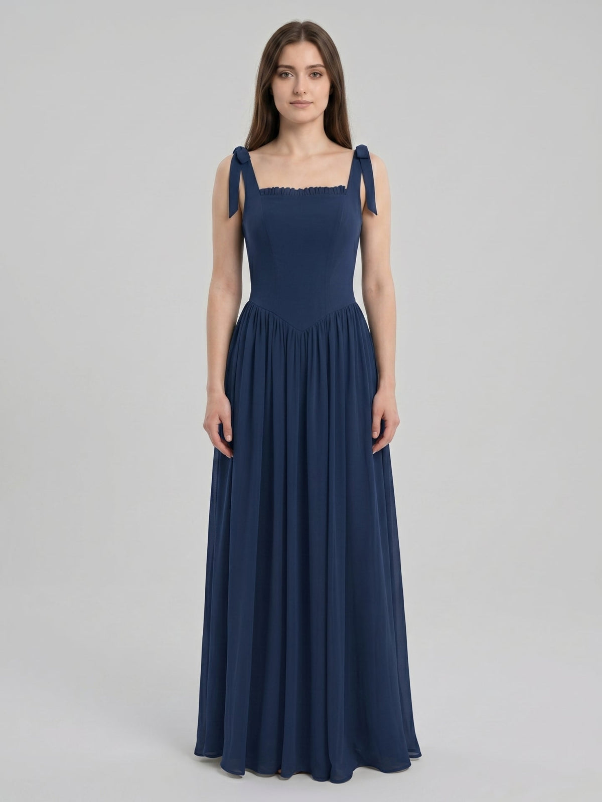 Navy Blue Chiffon A-Line Square Neck Back Zip Floor-Length Bridesmaid Dress with Pleated Accents - Curvevia