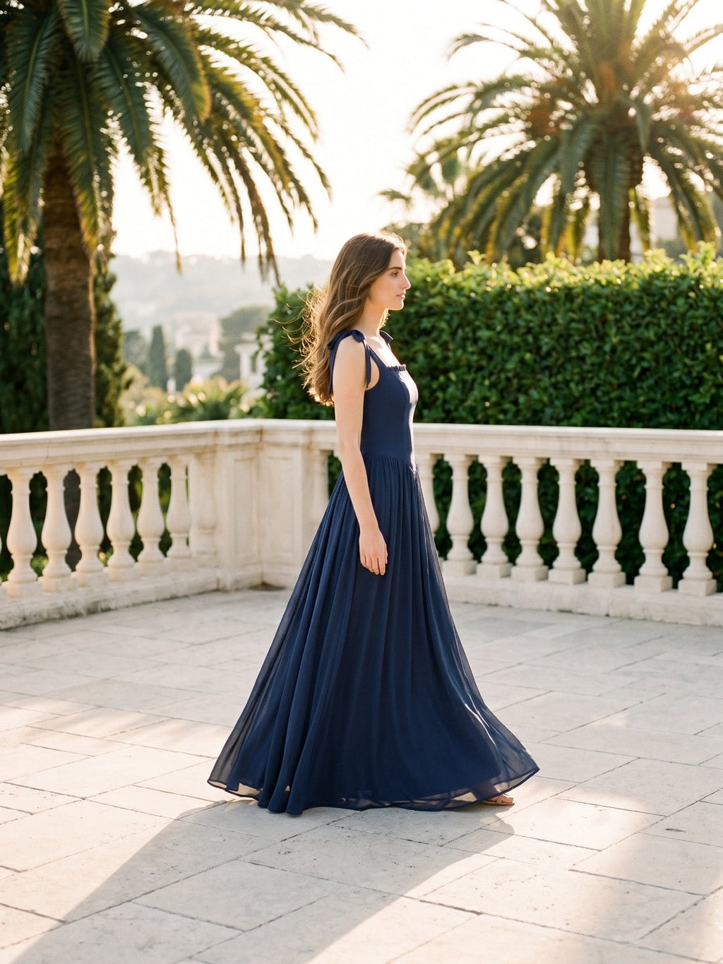 Navy Blue Chiffon A-Line Square Neck Back Zip Floor-Length Bridesmaid Dress with Pleated Accents - Curvevia