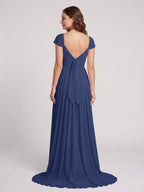 Navy Blue Chiffon A-Line Square Neck Backless Floor-Length Prom Dress - Curvevia