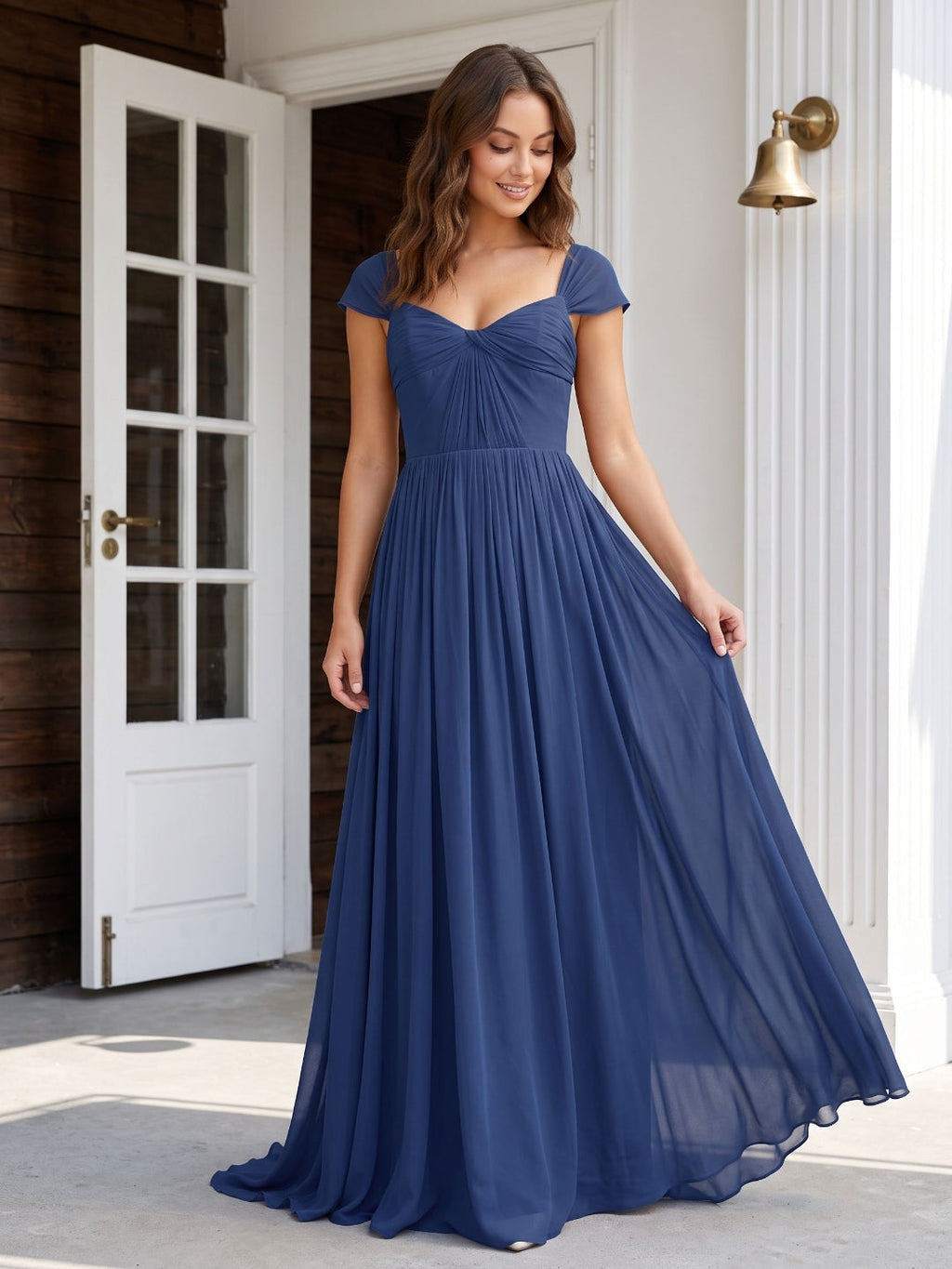 Navy Blue Chiffon A-Line Square Neck Backless Floor-Length Prom Dress - Curvevia