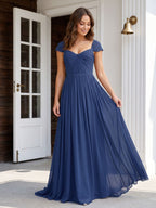 Navy Blue Chiffon A-Line Square Neck Backless Floor-Length Prom Dress - Curvevia