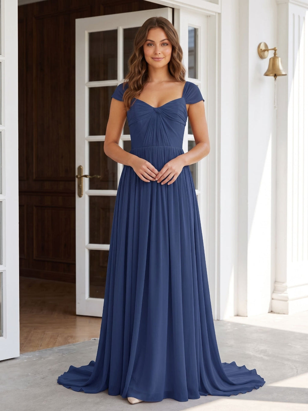 Navy Blue Chiffon A-Line Square Neck Backless Floor-Length Prom Dress - Curvevia