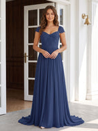 Navy Blue Chiffon A-Line Square Neck Backless Floor-Length Prom Dress - Curvevia