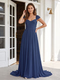 Navy Blue Chiffon A-Line Square Neck Backless Floor-Length Prom Dress - Curvevia