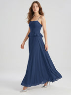 Navy Blue Chiffon A-Line Square Neck Criss-Cross Straps Floor-Length Bridesmaid Dress - Curvevia