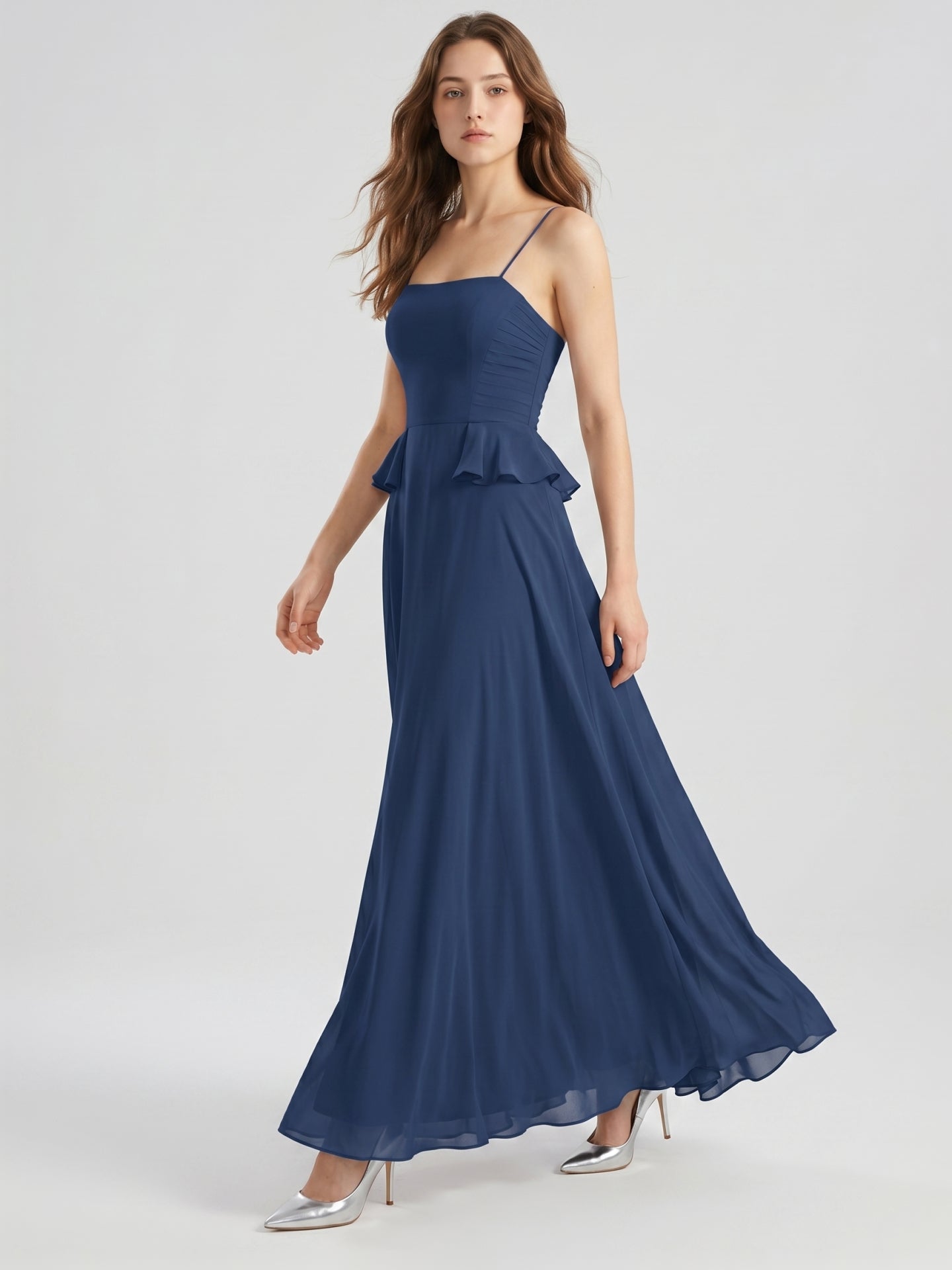 Navy Blue Chiffon A-Line Square Neck Criss-Cross Straps Floor-Length Bridesmaid Dress - Curvevia
