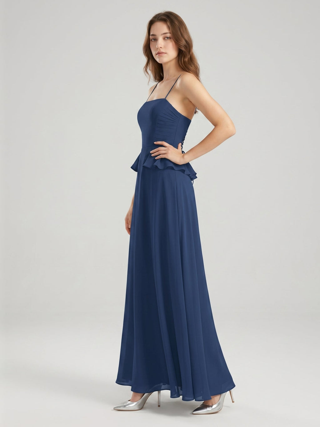 Navy Blue Chiffon A-Line Square Neck Criss-Cross Straps Floor-Length Bridesmaid Dress - Curvevia