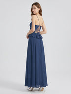 Navy Blue Chiffon A-Line Square Neck Criss-Cross Straps Floor-Length Bridesmaid Dress - Curvevia