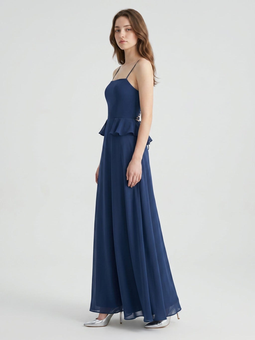 Navy Blue Chiffon A-Line Square Neck Criss-Cross Straps Floor-Length Bridesmaid Dress - Curvevia