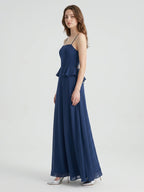 Navy Blue Chiffon A-Line Square Neck Criss-Cross Straps Floor-Length Bridesmaid Dress - Curvevia