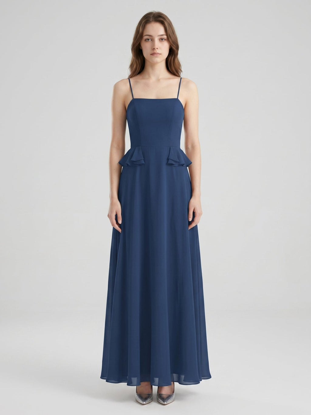 Navy Blue Chiffon A-Line Square Neck Criss-Cross Straps Floor-Length Bridesmaid Dress - Curvevia