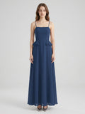 Navy Blue Chiffon A-Line Square Neck Criss-Cross Straps Floor-Length Bridesmaid Dress - Curvevia