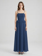 Navy Blue Chiffon A-Line Square Neck Criss-Cross Straps Floor-Length Bridesmaid Dress - Curvevia