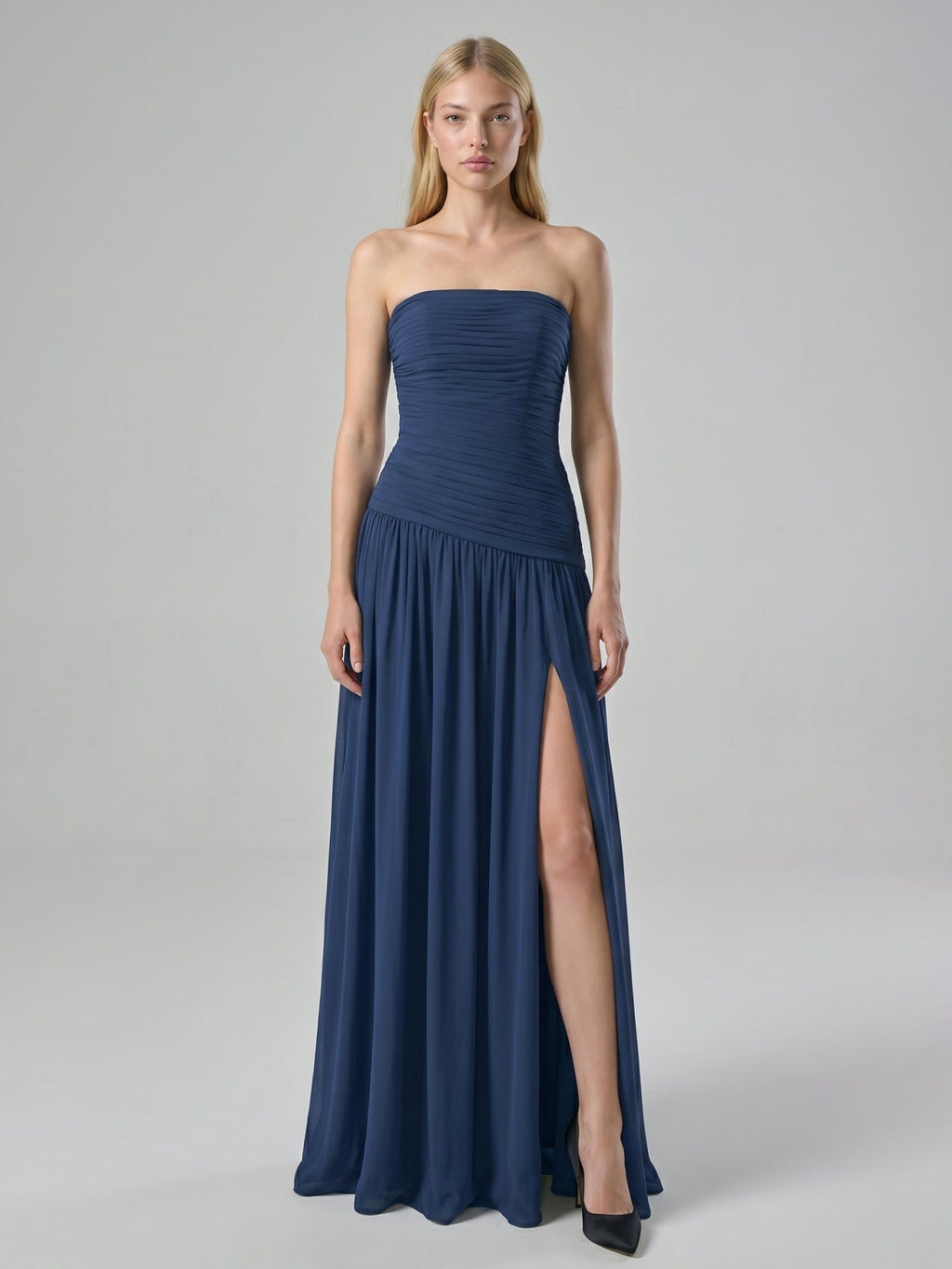 Navy Blue Chiffon A-Line Straight Neck Side Zip Floor-Length Bridesmaid Dress with Pleating - Curvevia