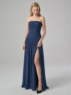Navy Blue Chiffon A-Line Straight Neck Side Zip Floor-Length Bridesmaid Dress with Pleating - Curvevia