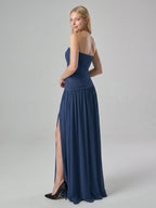 Navy Blue Chiffon A-Line Straight Neck Side Zip Floor-Length Bridesmaid Dress with Pleating - Curvevia