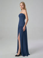 Navy Blue Chiffon A-Line Straight Neck Side Zip Floor-Length Bridesmaid Dress with Pleating - Curvevia