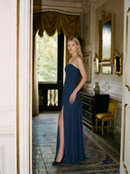Navy Blue Chiffon A-Line Straight Neck Side Zip Floor-Length Bridesmaid Dress with Pleating - Curvevia
