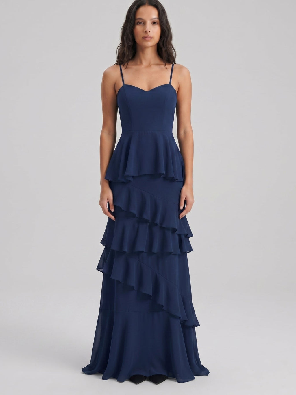 Navy Blue Chiffon A-Line Sweetheart Back Zip Floor-Length Bridesmaid Dress with Cascading Ruffles - Curvevia