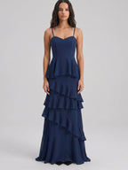 Navy Blue Chiffon A-Line Sweetheart Back Zip Floor-Length Bridesmaid Dress with Cascading Ruffles - Curvevia