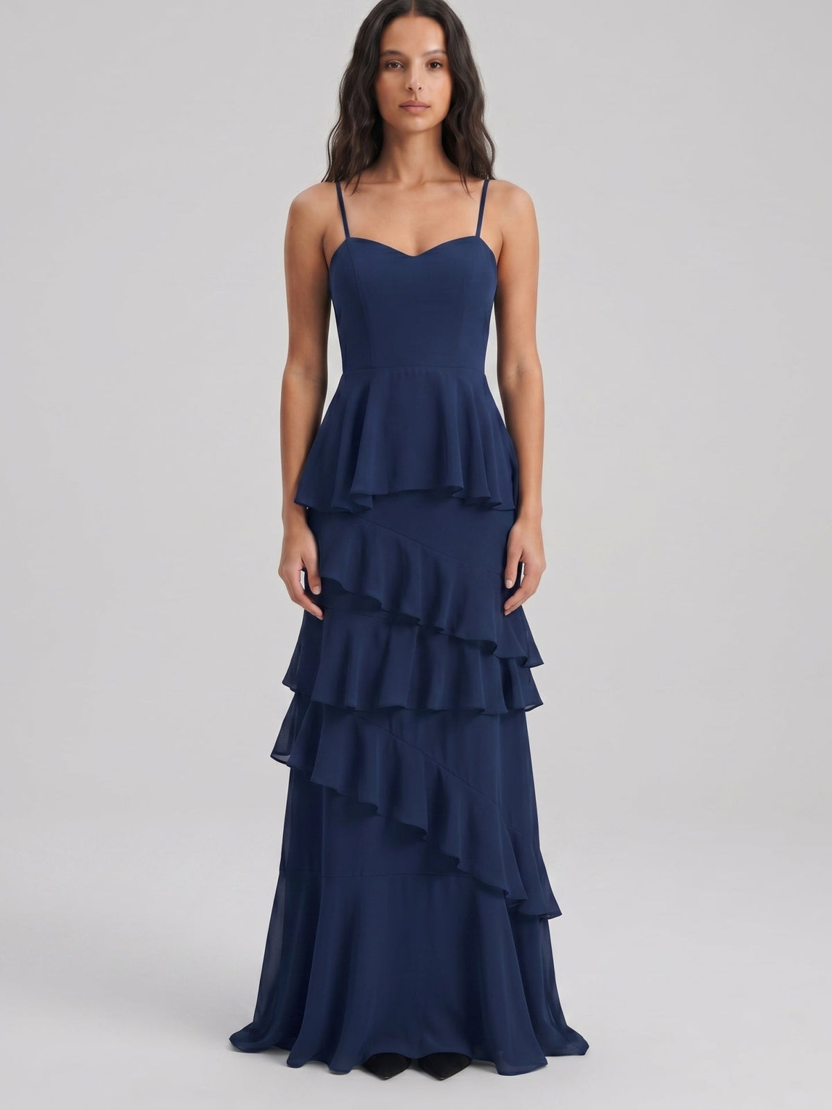 Navy Blue Chiffon A-Line Sweetheart Back Zip Floor-Length Bridesmaid Dress with Cascading Ruffles - Curvevia