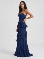 Navy Blue Chiffon A-Line Sweetheart Back Zip Floor-Length Bridesmaid Dress with Cascading Ruffles - Curvevia