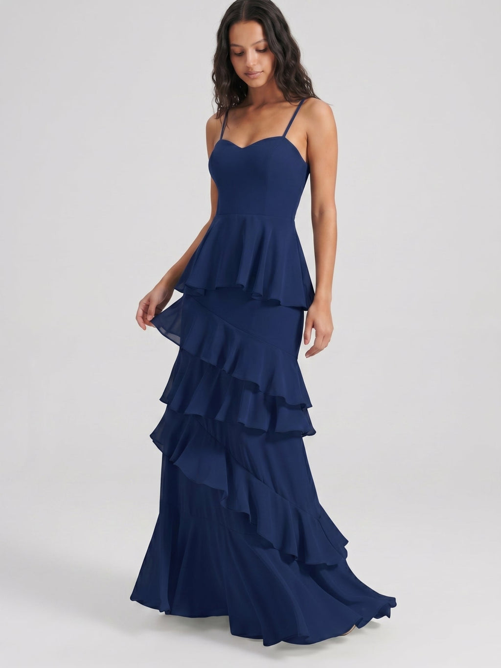 Navy Blue Chiffon A-Line Sweetheart Back Zip Floor-Length Bridesmaid Dress with Cascading Ruffles - Curvevia