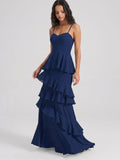 Navy Blue Chiffon A-Line Sweetheart Back Zip Floor-Length Bridesmaid Dress with Cascading Ruffles - Curvevia