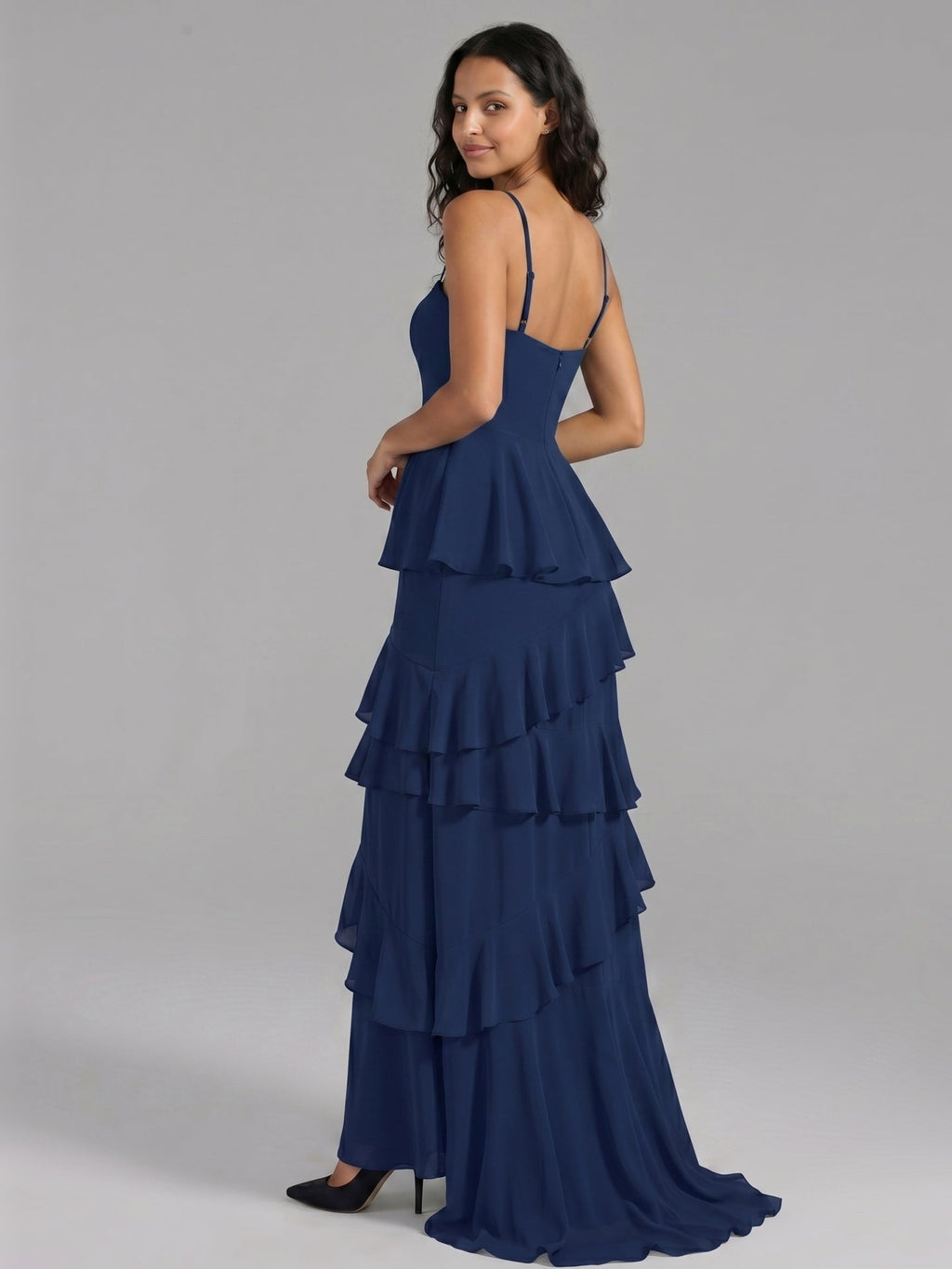 Navy Blue Chiffon A-Line Sweetheart Back Zip Floor-Length Bridesmaid Dress with Cascading Ruffles - Curvevia