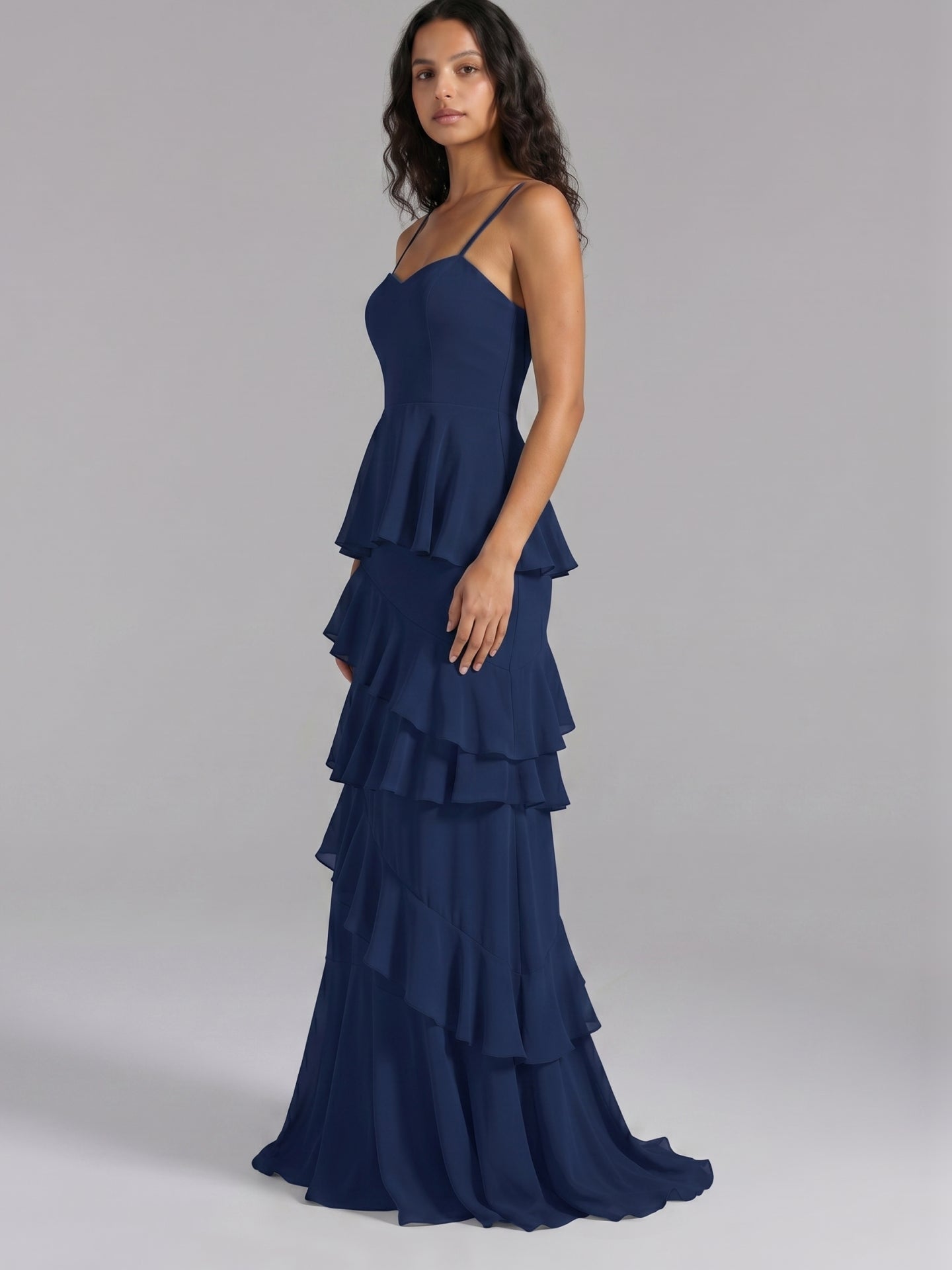 Navy Blue Chiffon A-Line Sweetheart Back Zip Floor-Length Bridesmaid Dress with Cascading Ruffles - Curvevia