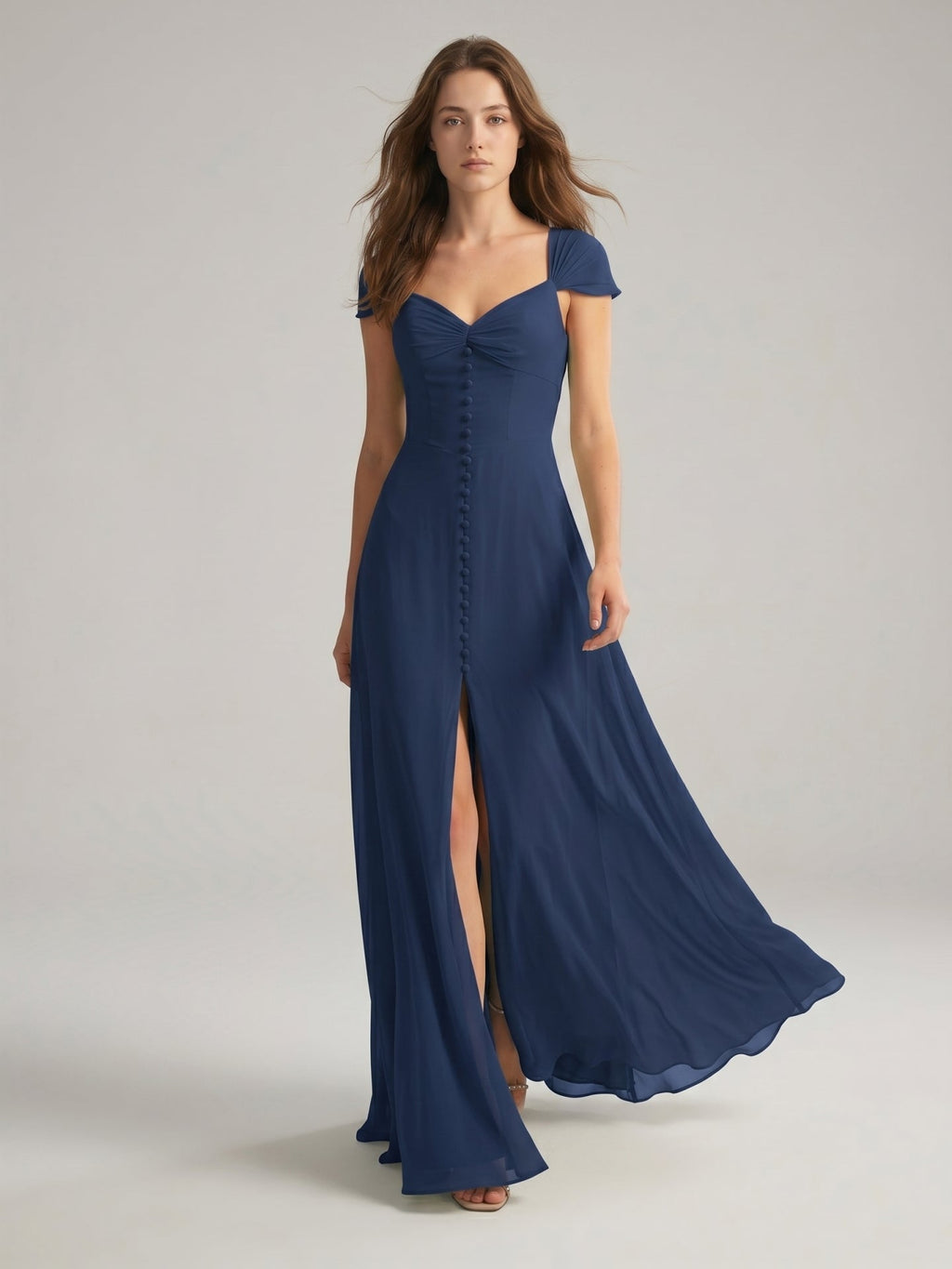 Navy Blue Chiffon A-Line Sweetheart Backless Floor-Length Bridesmaid Dress - Curvevia
