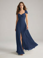 Navy Blue Chiffon A-Line Sweetheart Backless Floor-Length Bridesmaid Dress - Curvevia