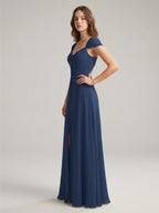 Navy Blue Chiffon A-Line Sweetheart Backless Floor-Length Bridesmaid Dress - Curvevia