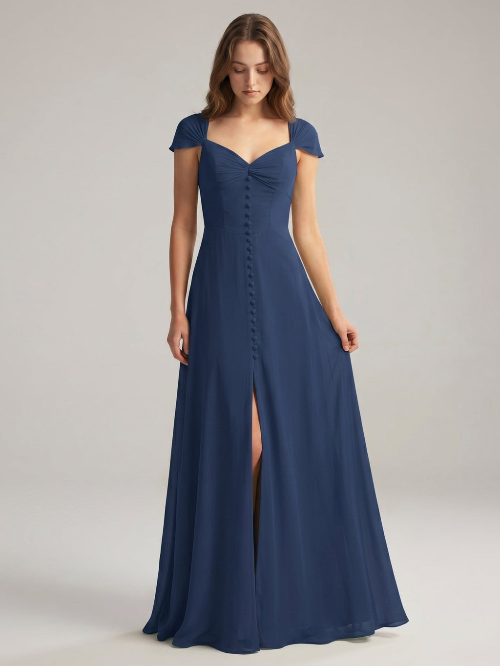 Navy Blue Chiffon A-Line Sweetheart Backless Floor-Length Bridesmaid Dress - Curvevia