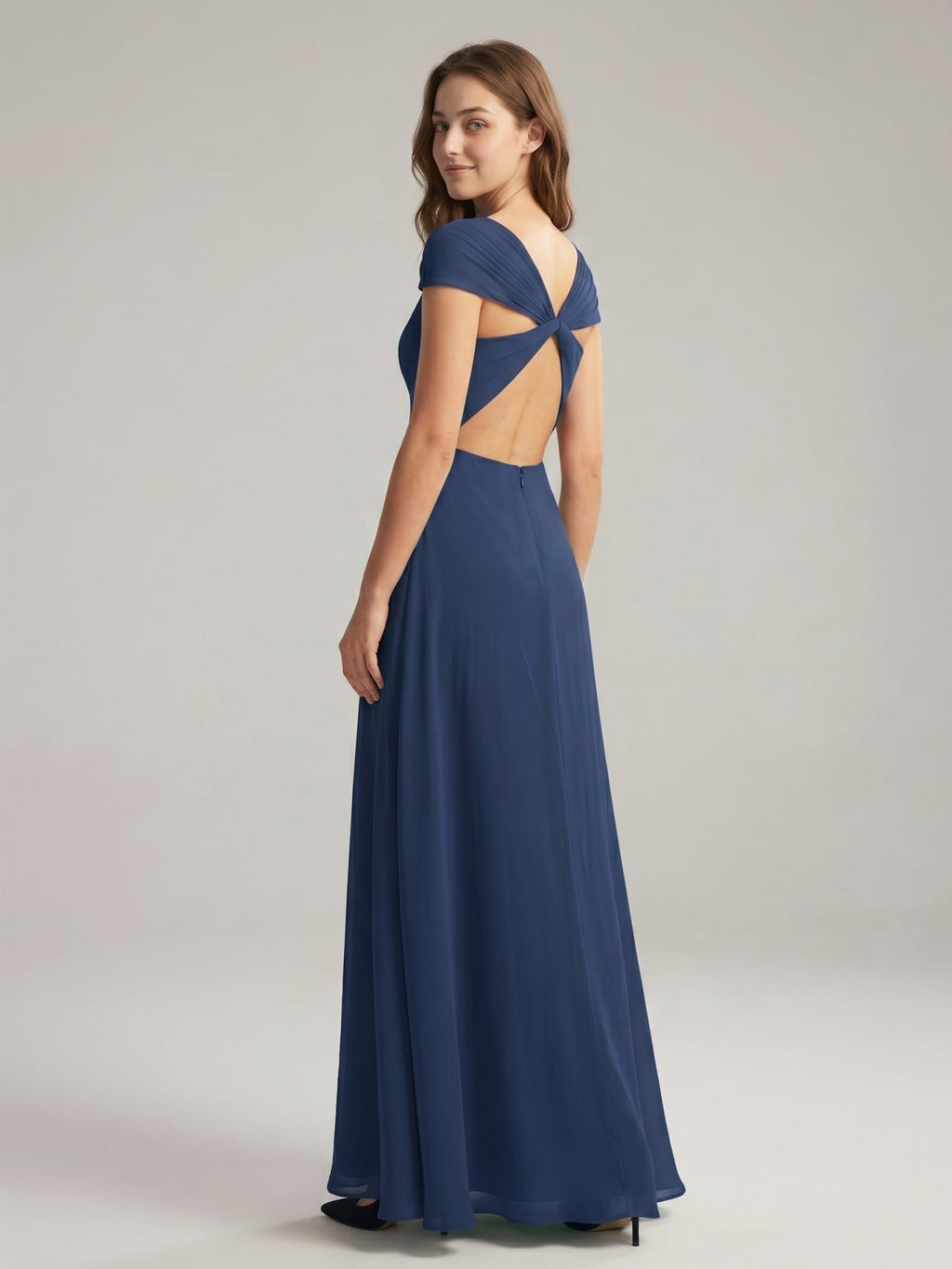 Navy Blue Chiffon A-Line Sweetheart Backless Floor-Length Bridesmaid Dress - Curvevia
